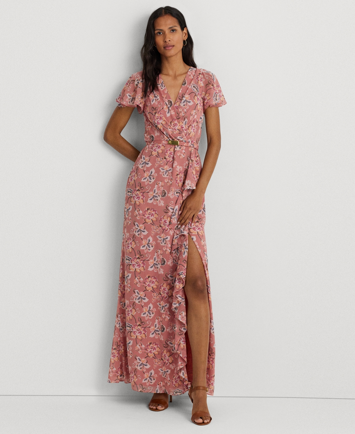 Lauren Ralph Lauren Women's Floral Flutter-sleeve Gown In Pink Multi