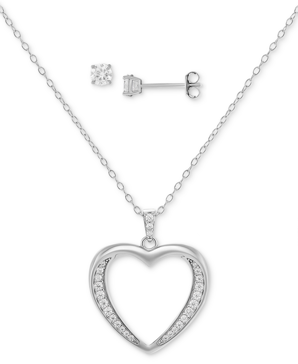 2-Pc. Set Cubic Zirconia Open Heart Pendant Necklace & Solitaire Stud Earrings in Sterling Silver, Created for Macy's - Sterling Silver