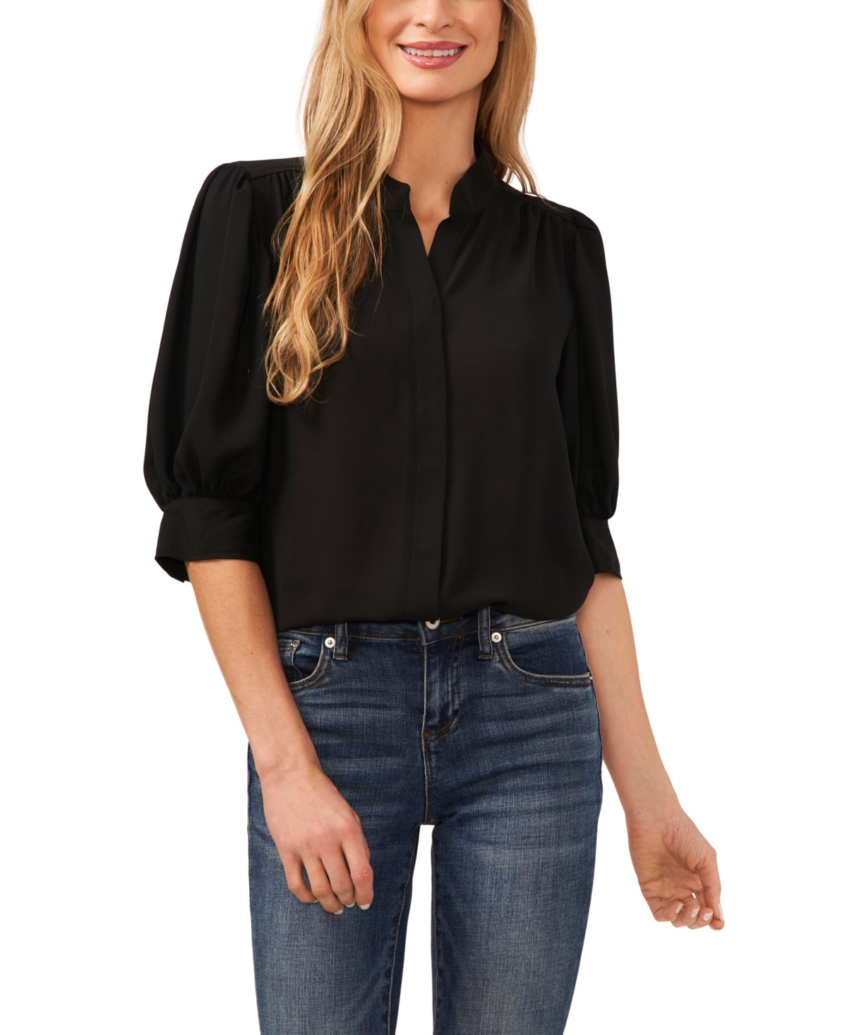 Women's Elbow Sleeve Collared Button Down Blouse - Rich Black