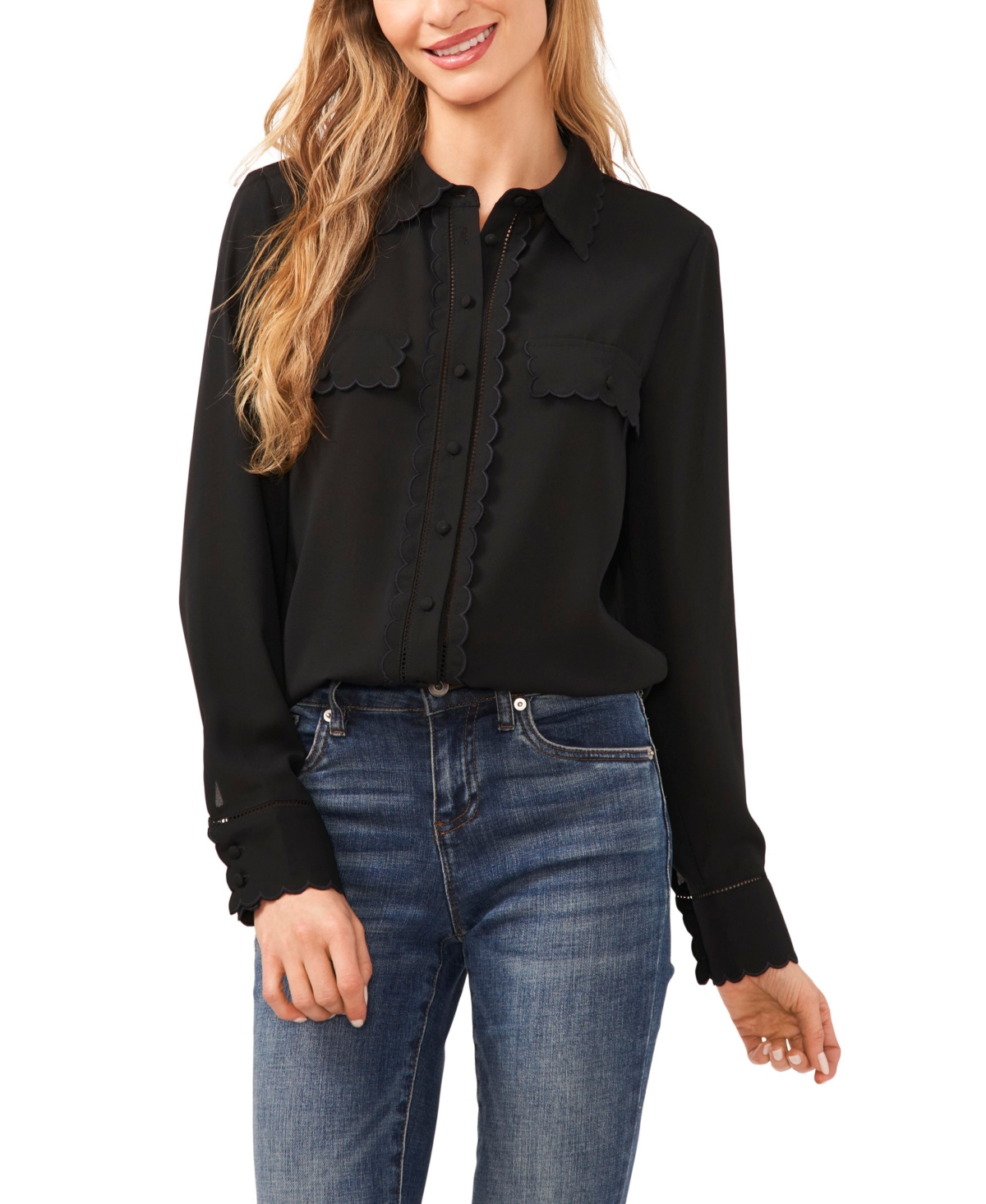 Cece Women's Long Sleeve Scalloped Button Down Blouse With Pockets In Rich Black