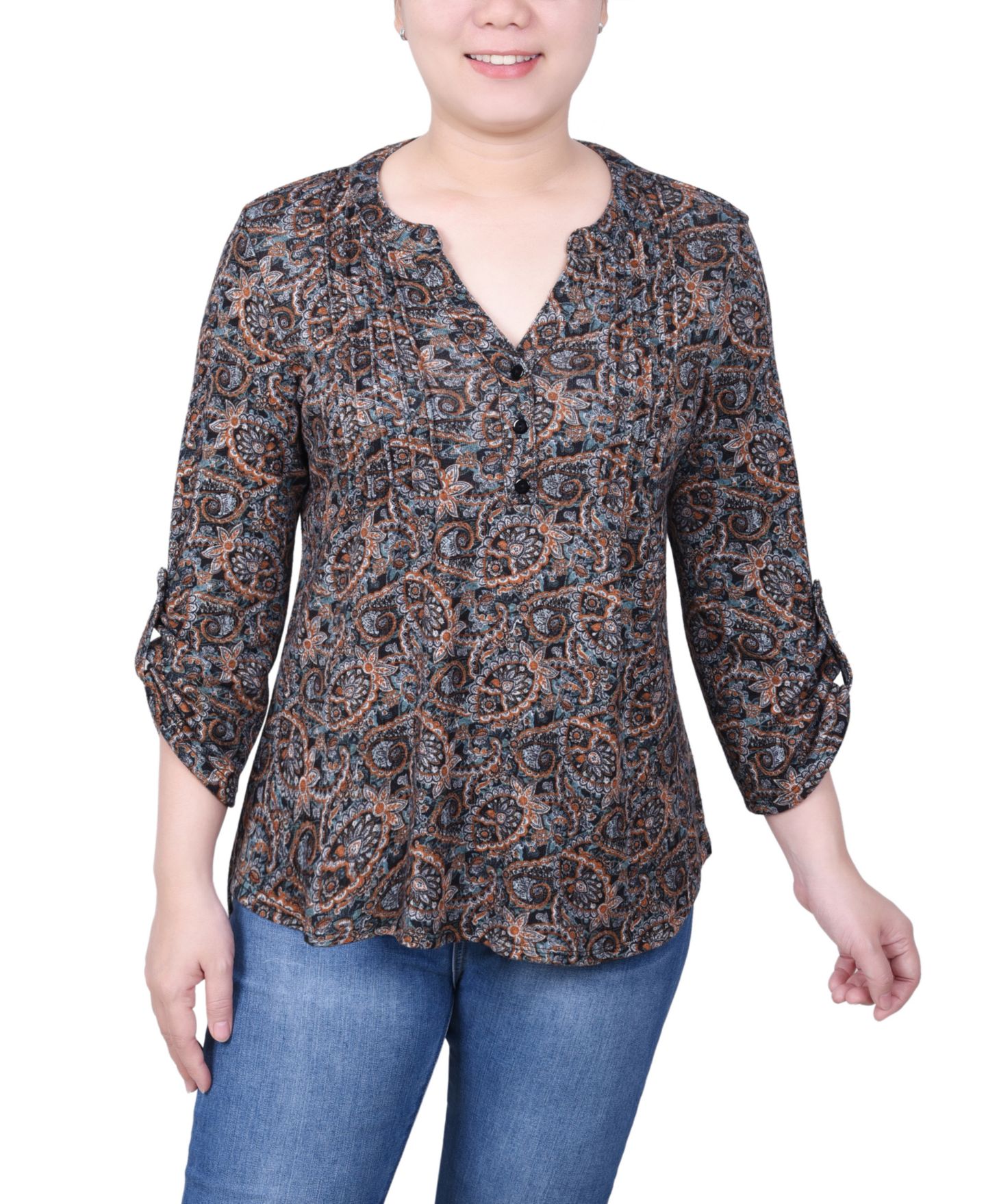 Женский топ NY Collection Petite Size 3/4 Roll Sleeve, цвет: Чёрный коричневый — фото 1