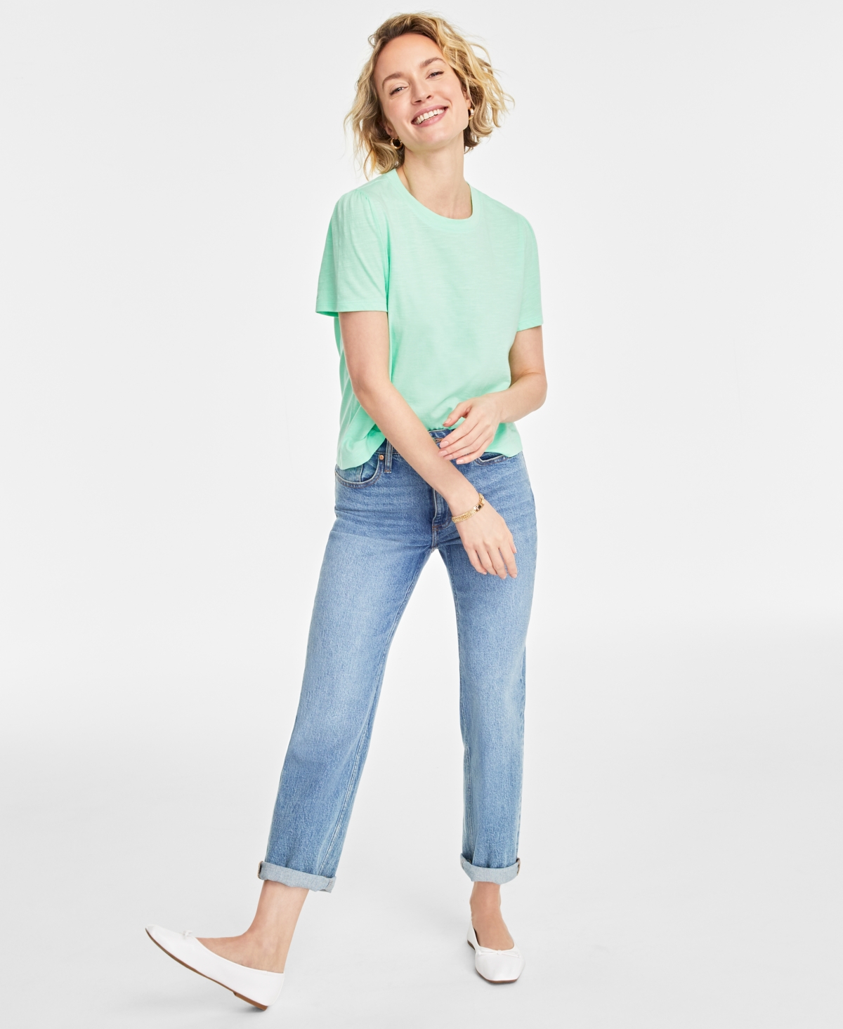 On 34th Women's Gathered-sleeve Crewneck T-shirt, Created For Macy's In Creme De Mint