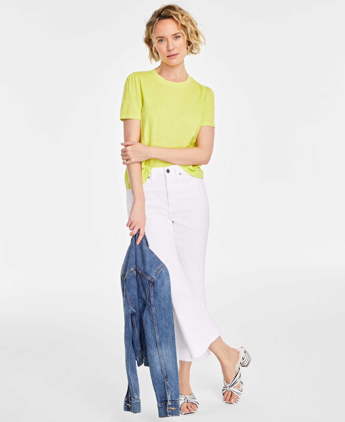 On 34th Women's Gathered-sleeve Crewneck T-shirt, Created For Macy's In Lemon Lime