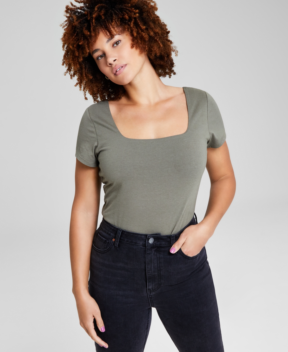 And Now This Women's Square-neck Short-sleeve Double-layered Bodysuit In Crushed Oregano