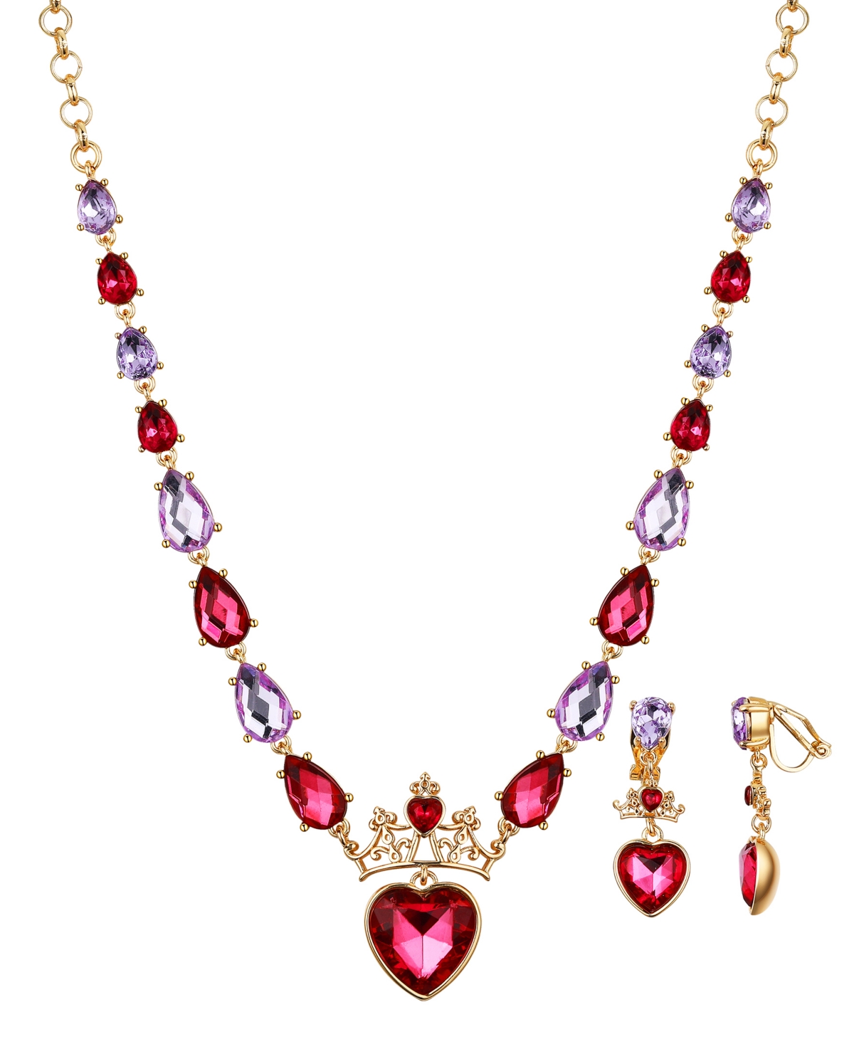 Disney Kid's Princess Tiara Red Heart Necklace And Earring Set