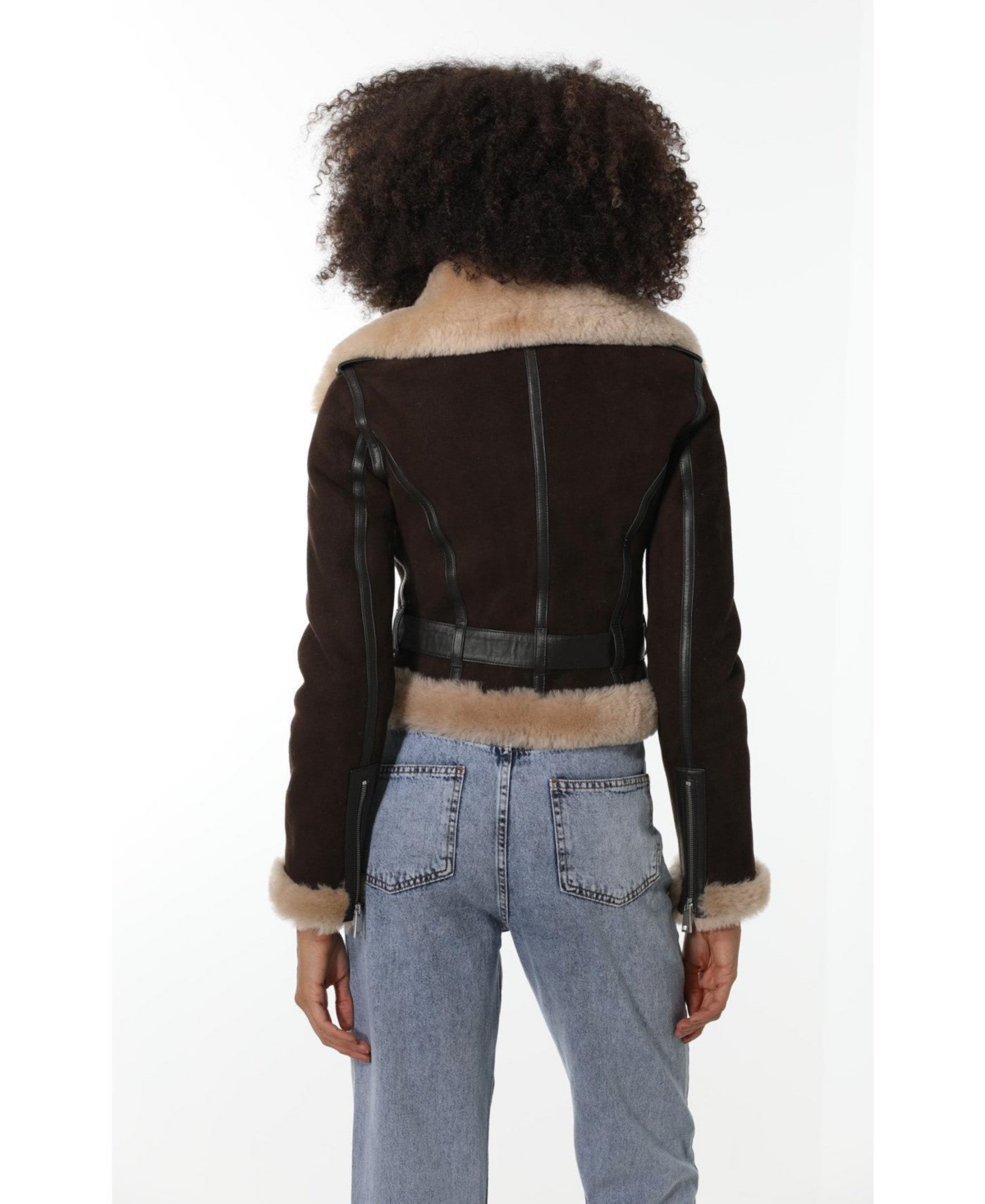 Furniq Uk Women's Shearling Fashion Short Jacket,Suede with Champagne Wool - Brown