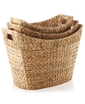 Set of 3 Oval Baskets with Handles - Natural, Water Hyacinth Woven Storage Totes for Blankets, Laundry, Bathroom, Bedroom, Living Room
