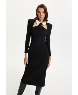 knee length dresses for ladies Italian Summer Tie Neck Midi Dress Black