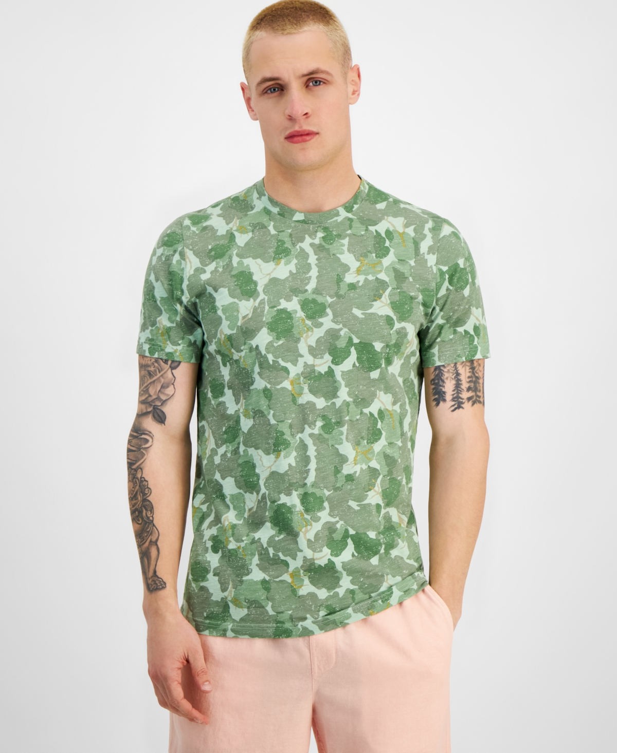 Men's Short Sleeve Crewneck Leaf Camo T-Shirt, Created for Macy's - Kale Garden