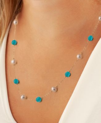 Turquoise & Freshwater Pearl (8 x 6mm) 18" Collar Necklace in 14k Gold