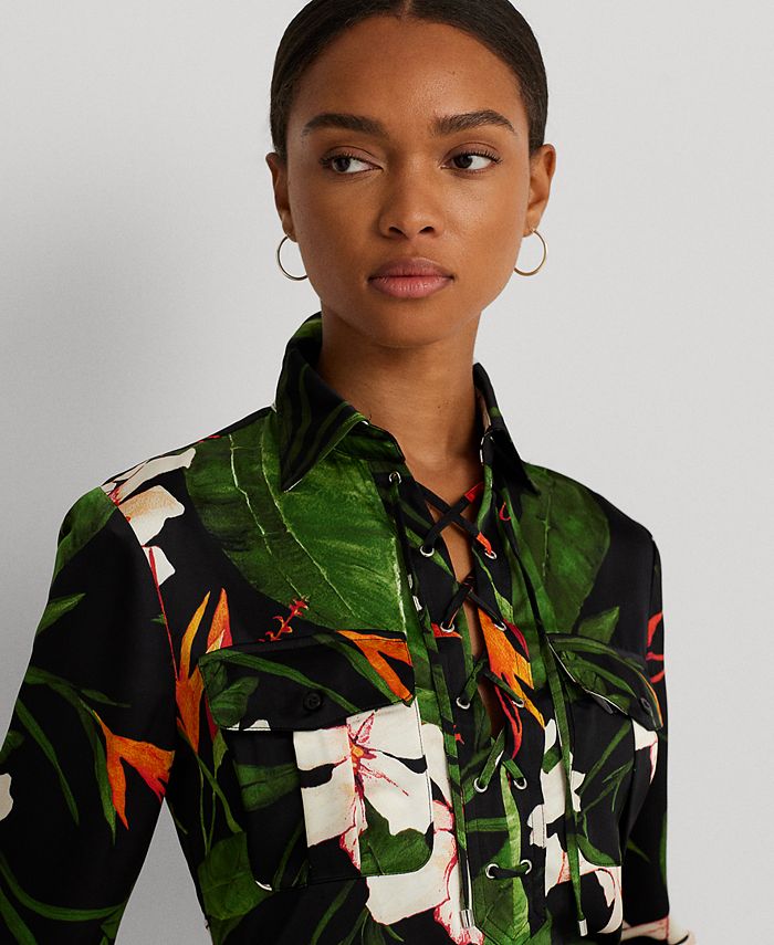 Lauren Ralph Lauren Petite Tie-Front Tropical-Print Shirt - Macy's