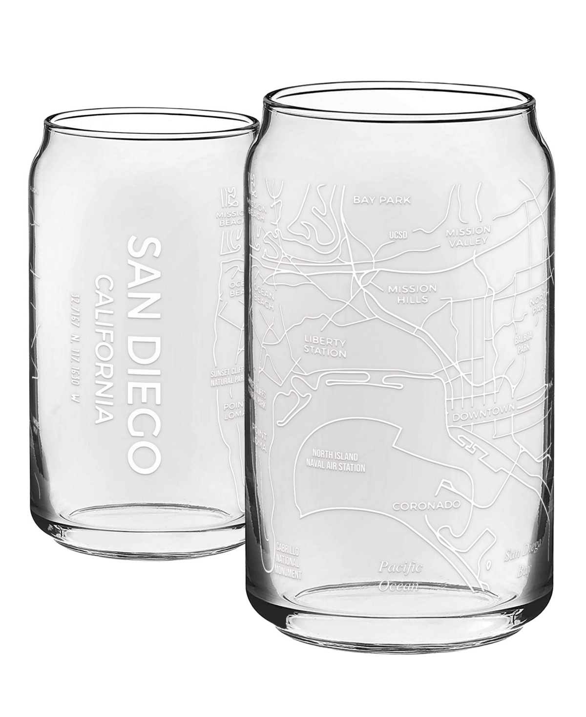 Narbo The Can San Diego Map 16 oz Everyday Glassware, Set Of 2 In White