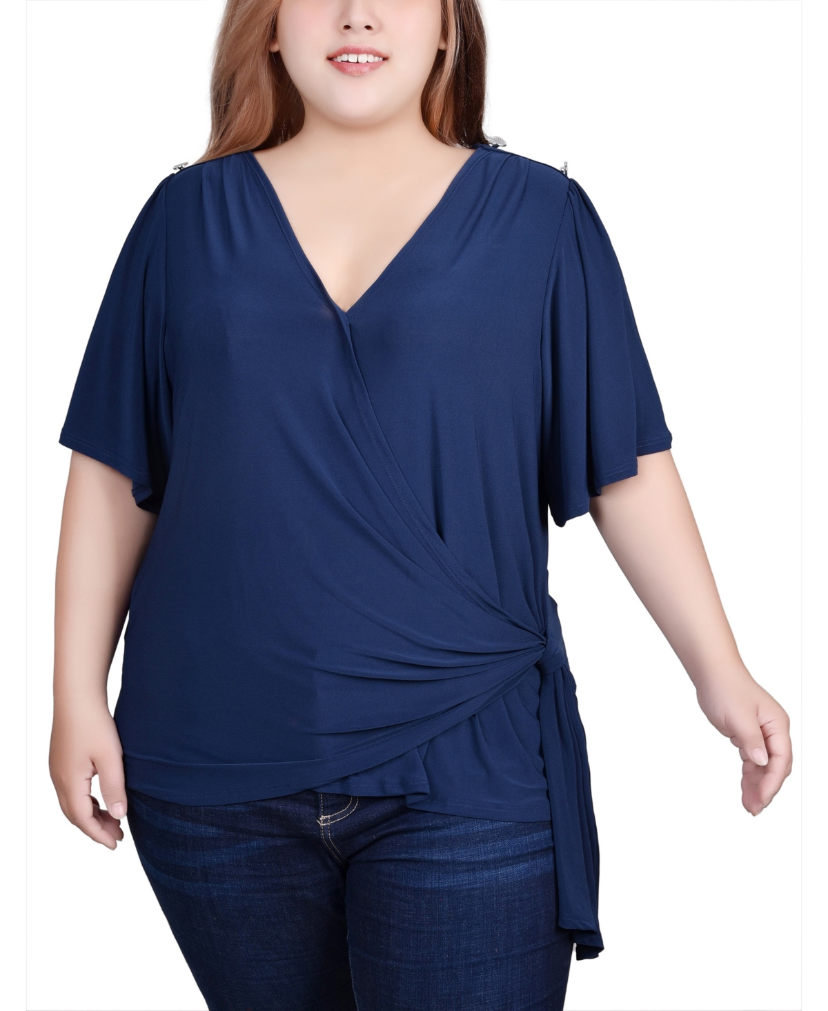 Ny Collection Plus Size Short Sleeve Wrap Top In Navy
