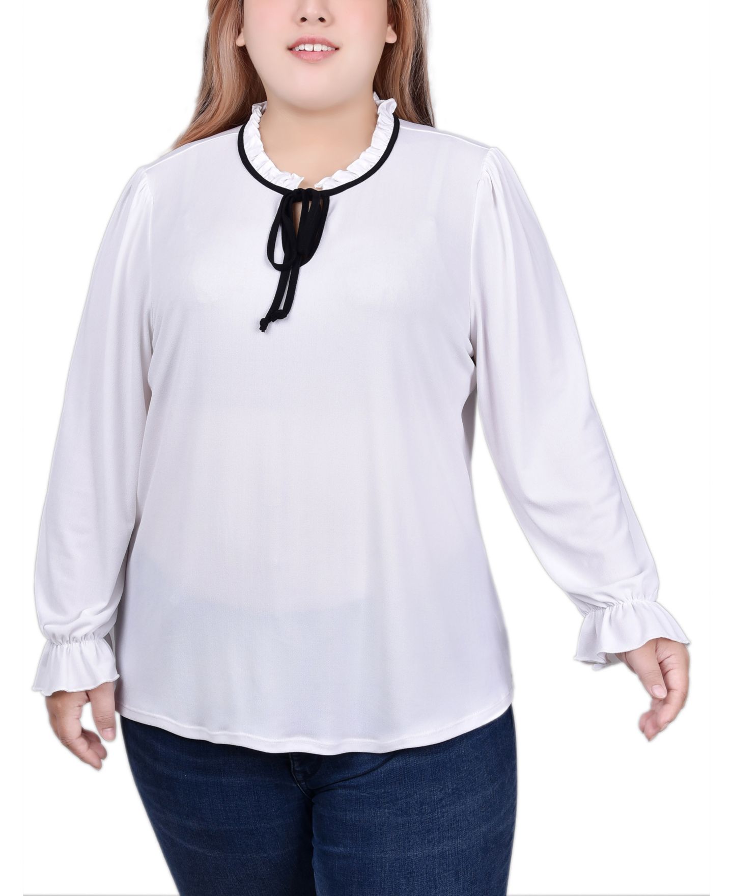 Женский топ NY Collection Plus Size Long Sleeve Tie Neck, цвет: Белый чёрный — фото 1