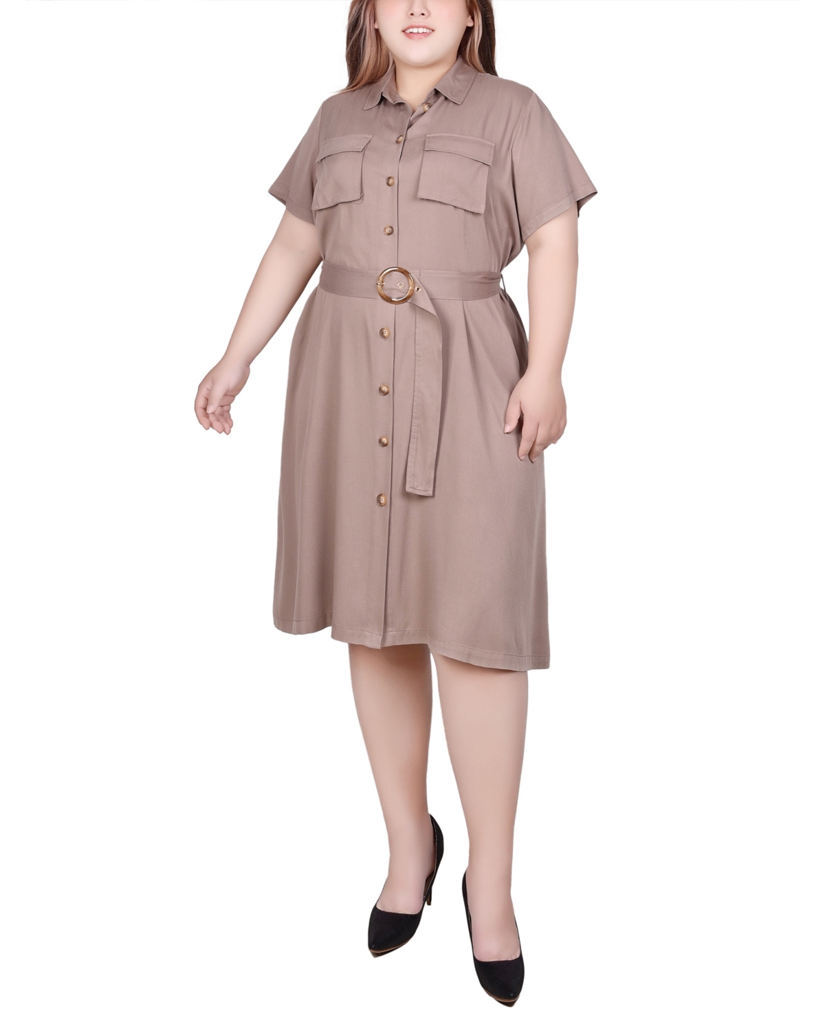 Ny Collection Plus Size Short Sleeve Safari Style Dress In Portabella