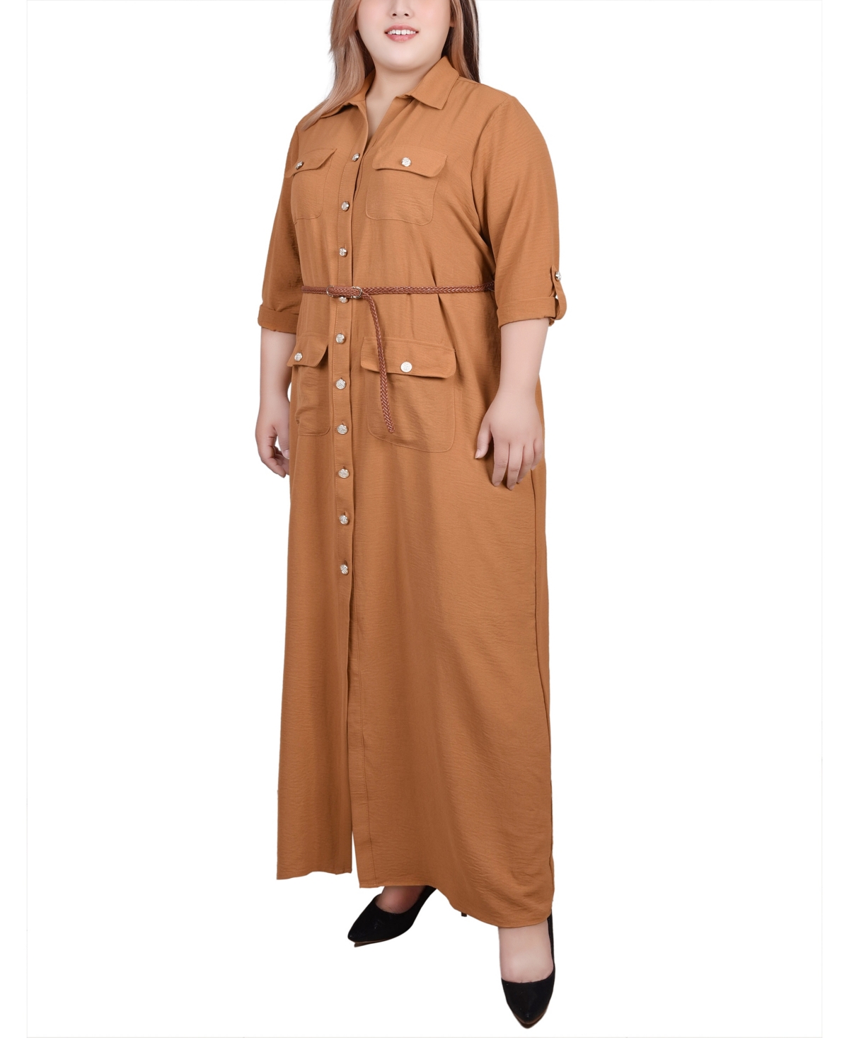 Ny Collection Plus Size 3/4 Sleeve Safari Style Belted Shirt Dress