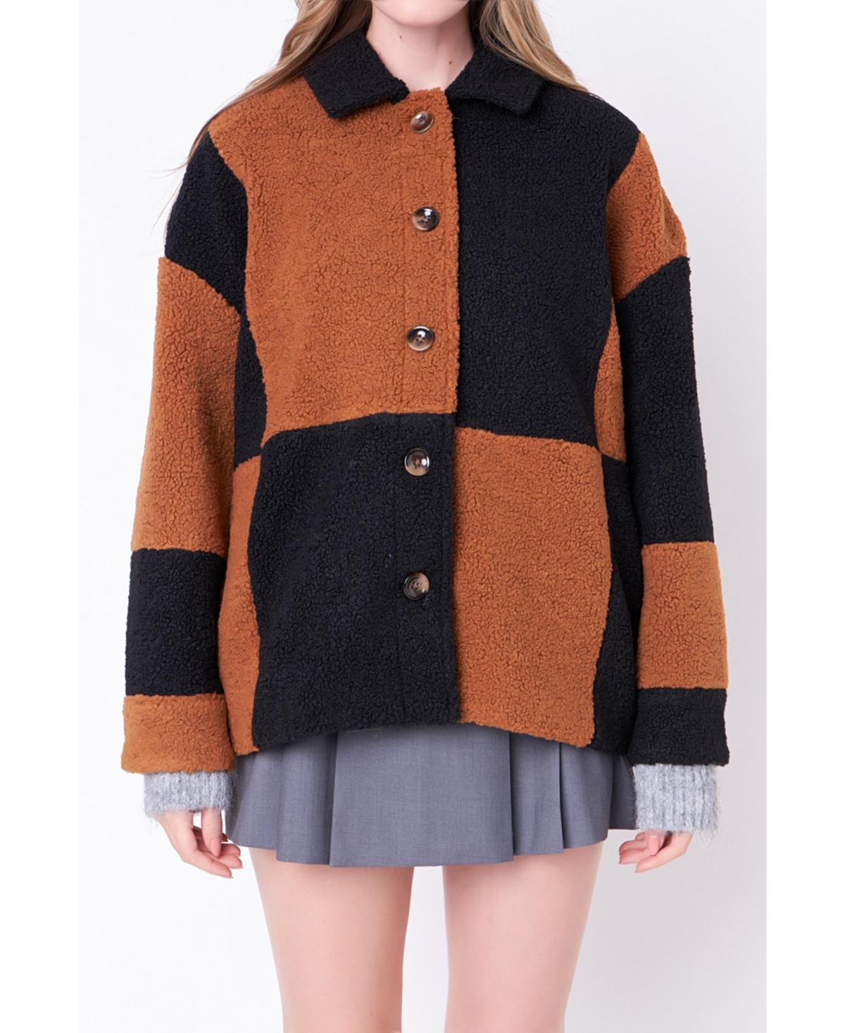 English Factory Women's Oversize Teddy Check Jacket In Black,camel