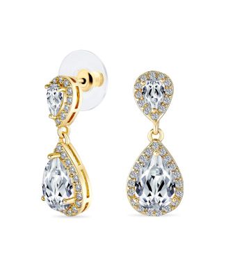 Pave Halo Dangle Teardrop Cubic Zirconia Cz Drop Earrings Prom Yellow Gold Plated Brass