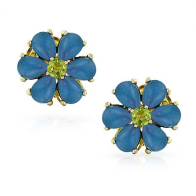 Garden Natural Aqua Jade Flower CZ Center Clip On Earrings Gold Plated Sterling Silver for Non-Pierced Ears