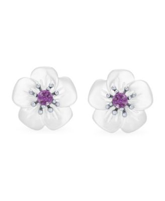 White Mother Of Pearl Mop Flower Natural Amethyst Accent Stud Earrings For Women Sterling Silver