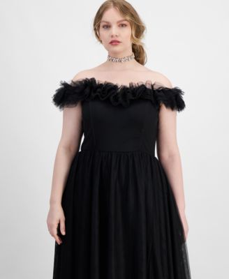 City Studios Trendy Plus Size Tulle-Trim Off-The-Shoulder