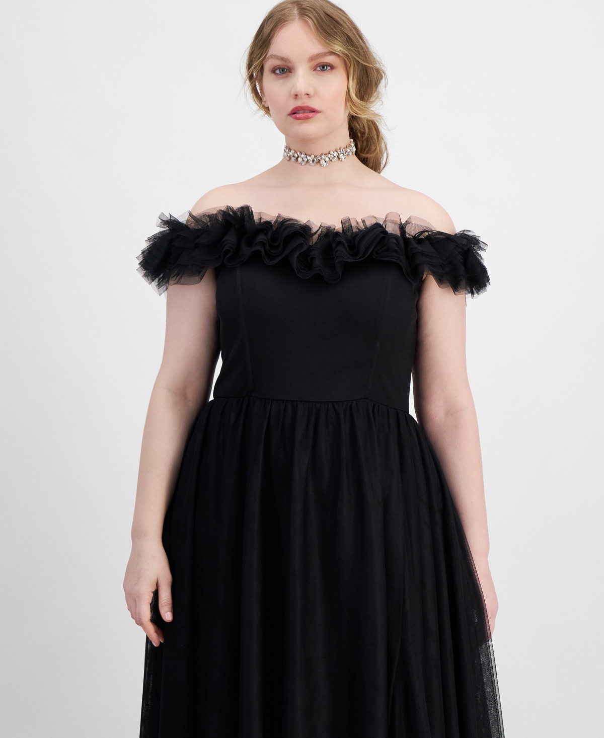 City Studios Trendy Plus Tulle-Trim Off-The-Shoulder Gown, Created for Macy's
