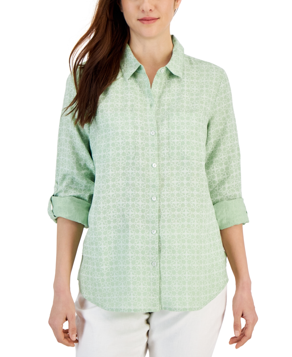 Women's 100% Linen Geo-Print Roll-Tab Shirt, Created for Macy's - Green Frost Combo