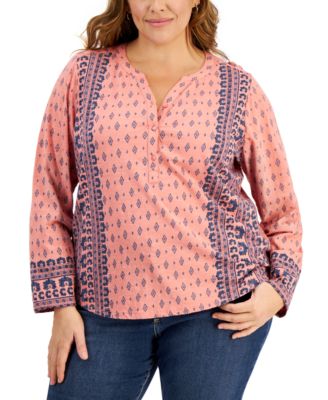 Style & Co - Plus Size Cotton Printed Split-Neck Top