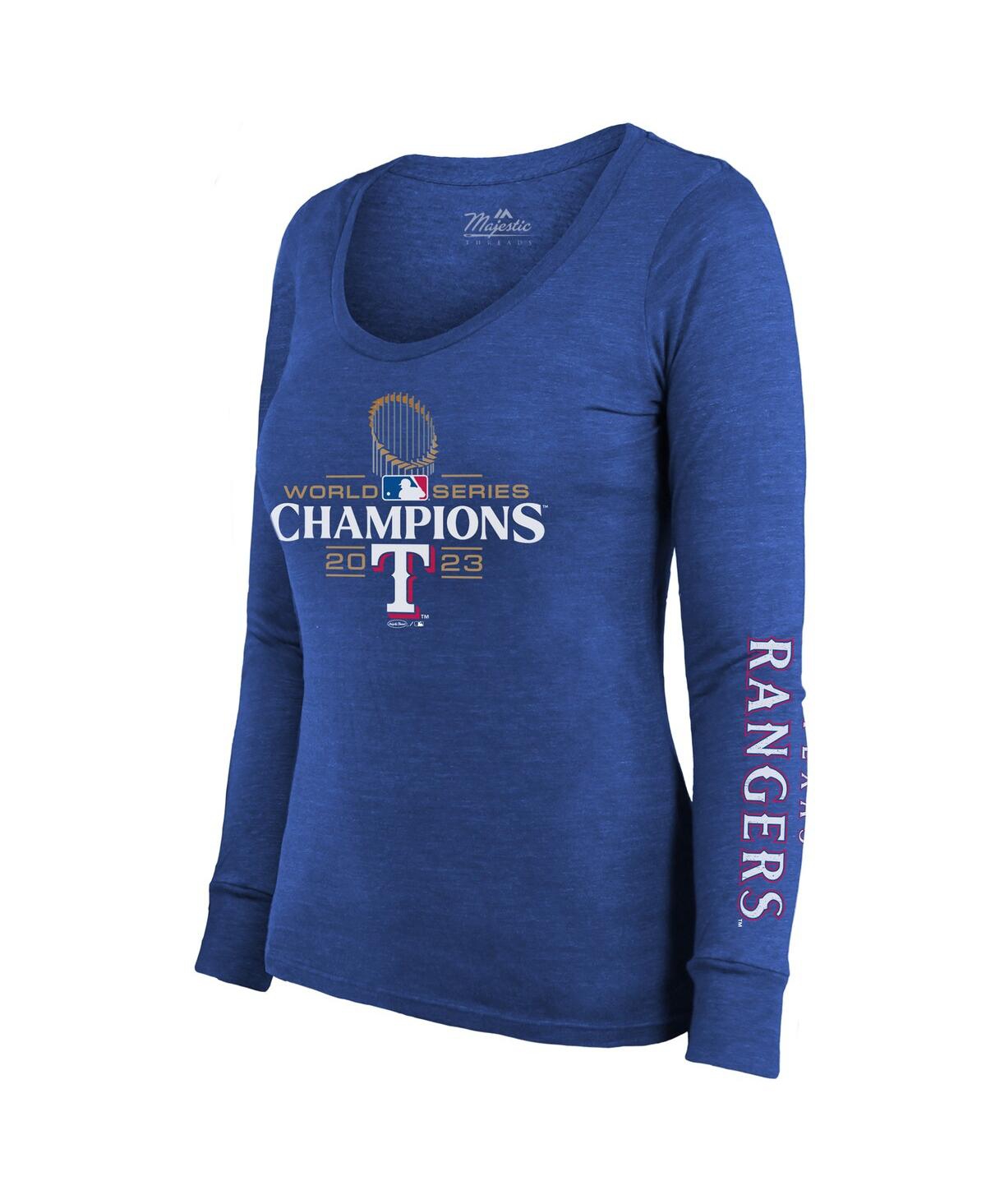 Shop Majestic Women's  Threads Royal Texas Rangers 2023 World Series Champions Tri-blend Long Sleeve Scoop