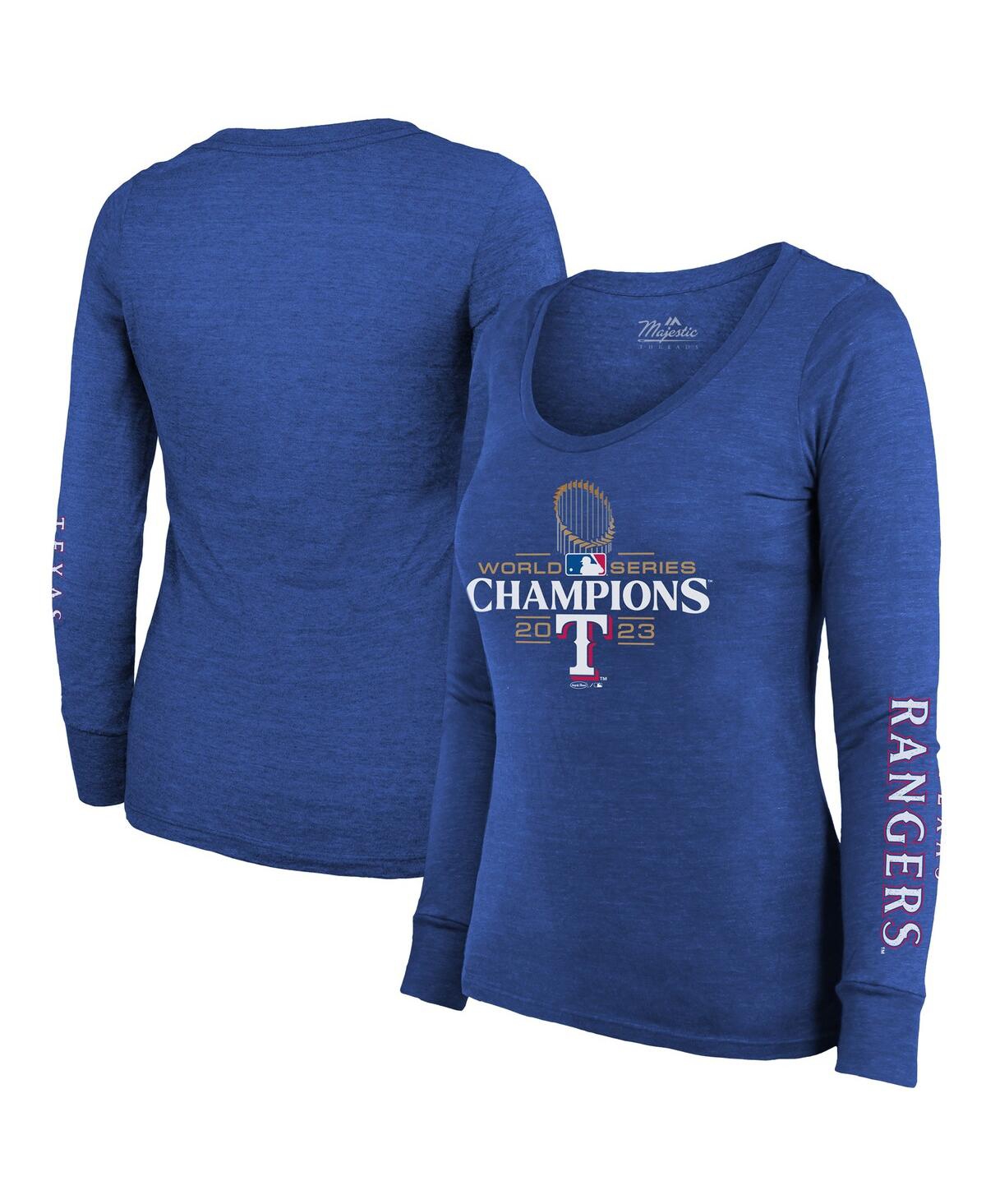Majestic Women's  Threads Royal Texas Rangers 2023 World Series Champions Tri-blend Long Sleeve Scoop