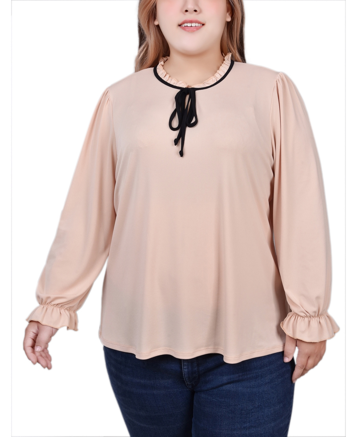 Plus Size Long Sleeve Tie Neck Top - White Black