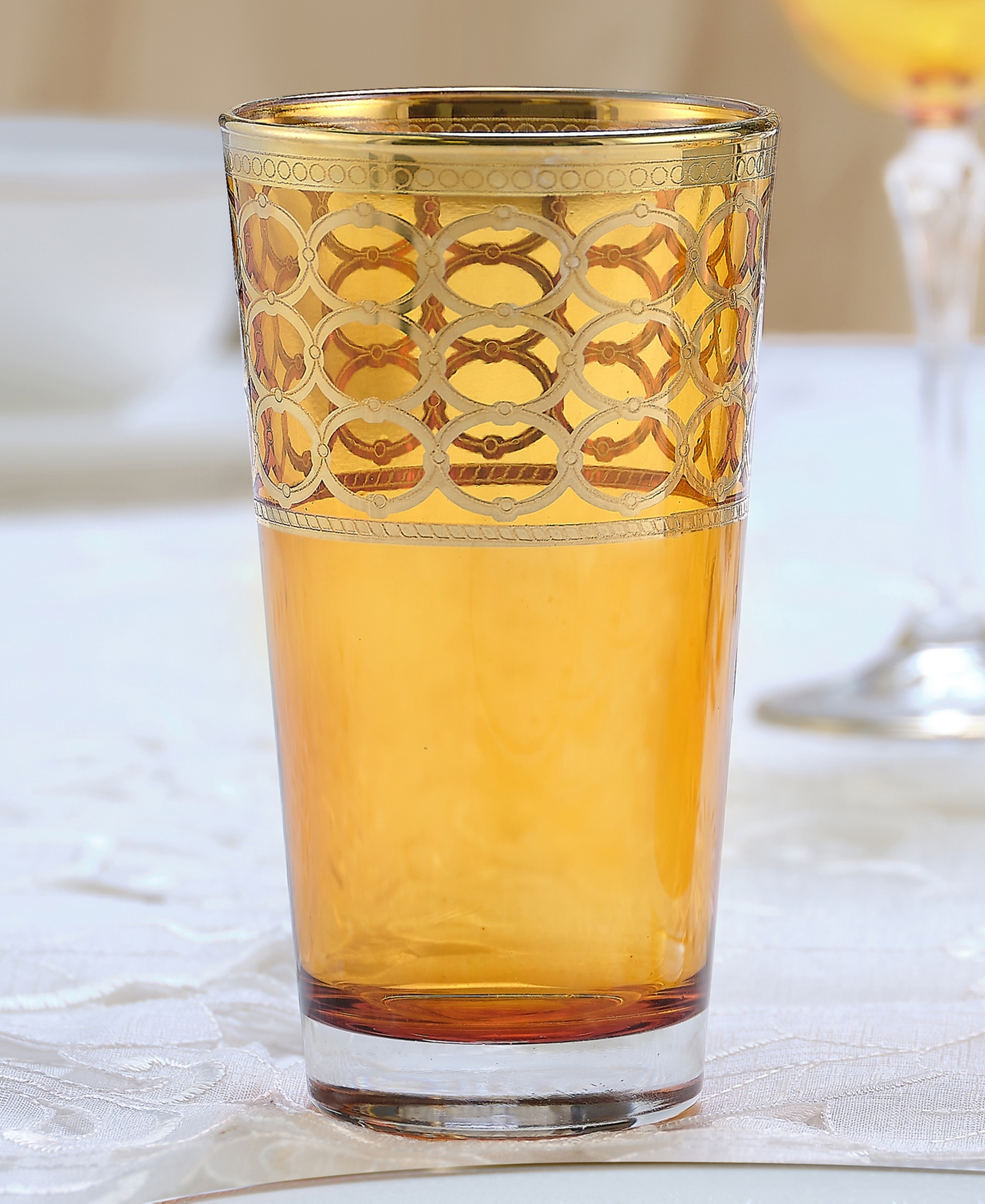 Lorren Home Trends Amber Color High Ball withTone Rings, Set of 4 - Gold