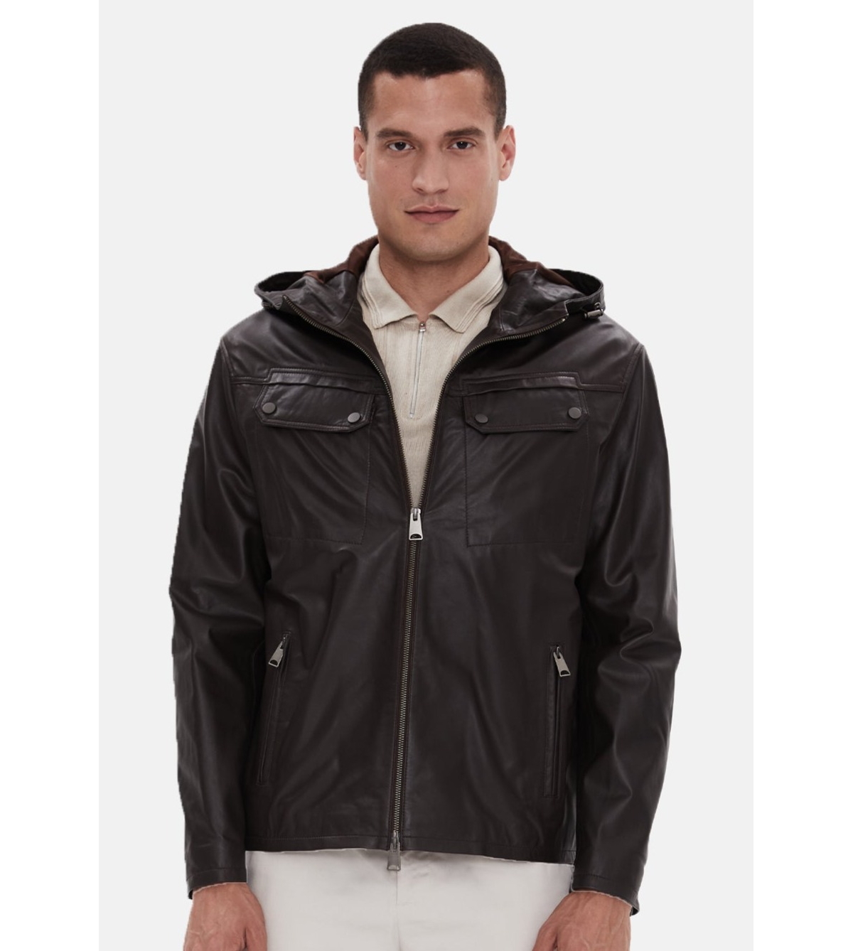 Men's Leather Jacket, Nappa Brown - Brown