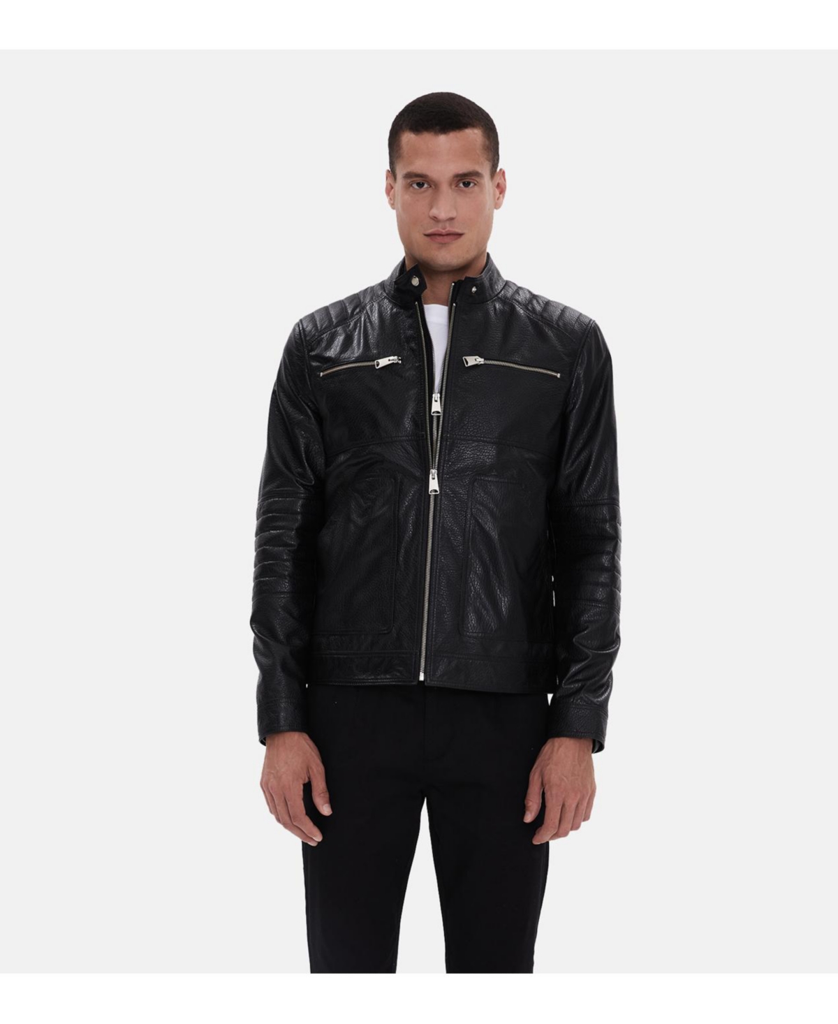 Men's Black Leather Jacket, Cracked - Black