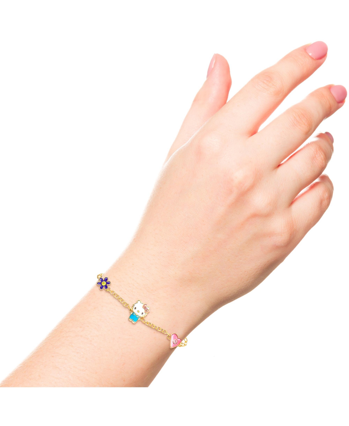 Sanrio Hello Kitty and Friends Womens 18kt Gold Plated Bracelet with Flower and Heart Charm Pendants, 6.5 + 1", Officially Licensed