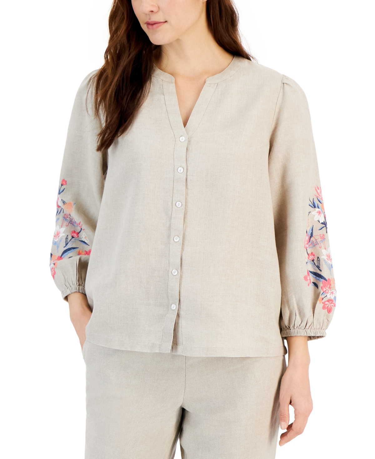Charter Club Women's 100% Linen Embroidered-sleeve Blouse, Created For Macy's In Cc Flax