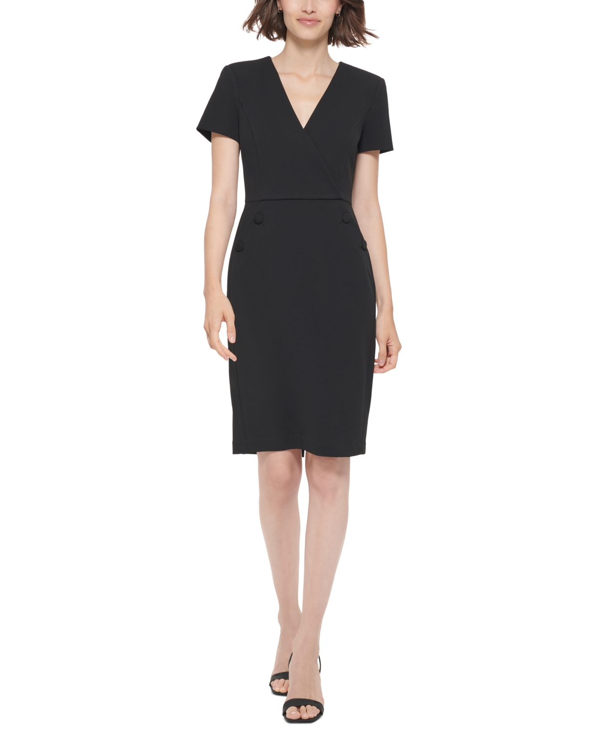 Calvin Klein Petite V-neck Faux-wrap Sheath Dress In Black