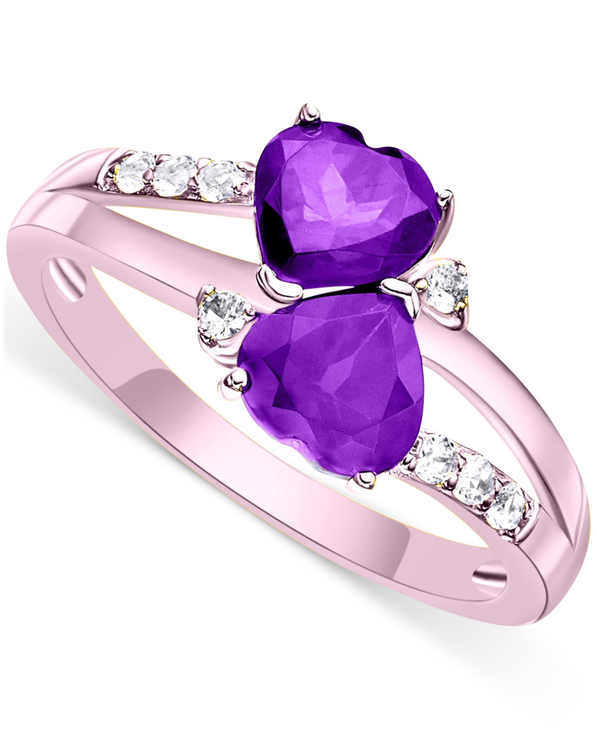 Macy's Amethyst (2 Ct. T.w.) & White Topaz (1/8 Ct. T.w.) Heart Bypass Ring In 14k Rose Gold-plated Sterlin