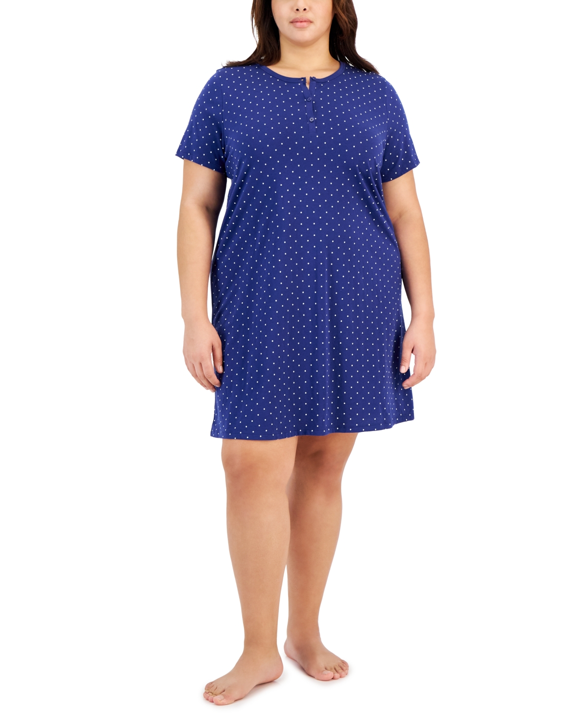 Shop Charter Club Plus Size Cotton Ditsy Floral Henley Sleepshirt, Created For Macy's In Polka Dots