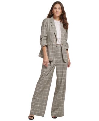Shop Dkny Petite Plaid Notch Collar Ruched Sleeve Jacket Wide Leg Essex Pants In Roasted Pecan Multi