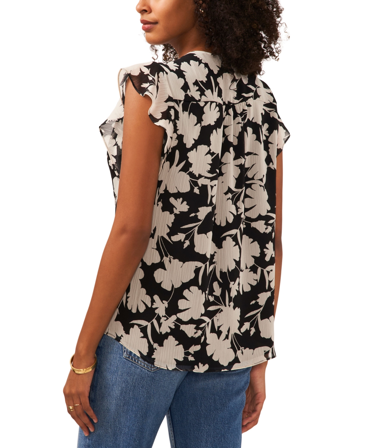 Shop Vince Camuto Women's Printed V-neck Flutter Short Sleeve Top In Rich Black