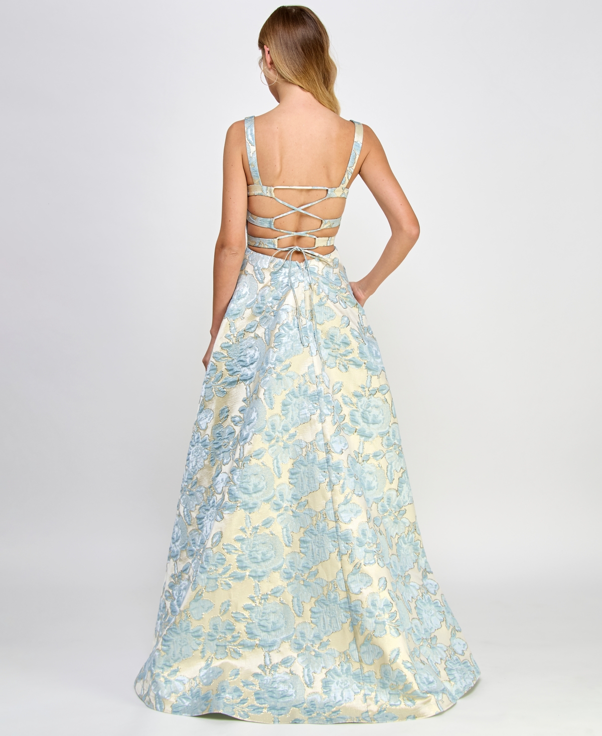 Shop B Darlin Juniors' Jacquard Side-slit Lace-up-back Gown, Created For Macy's In Cream,blue,gold