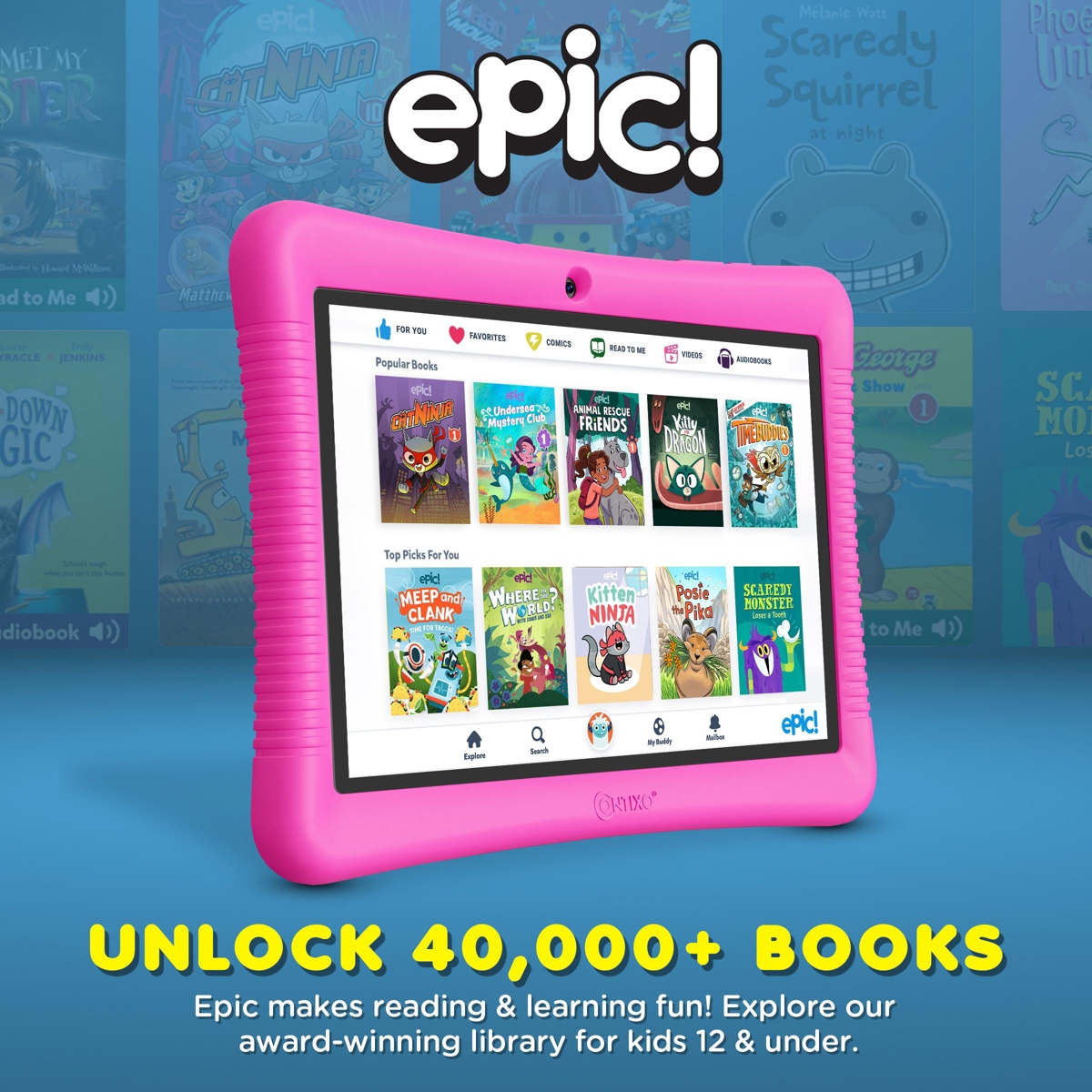 Contixo 10"Kids Tablet 32GB, Includes 80+ Disney Storybooks & Stickers, Kid-Proof Case with Kickstand & Stylus, (2024 Model)