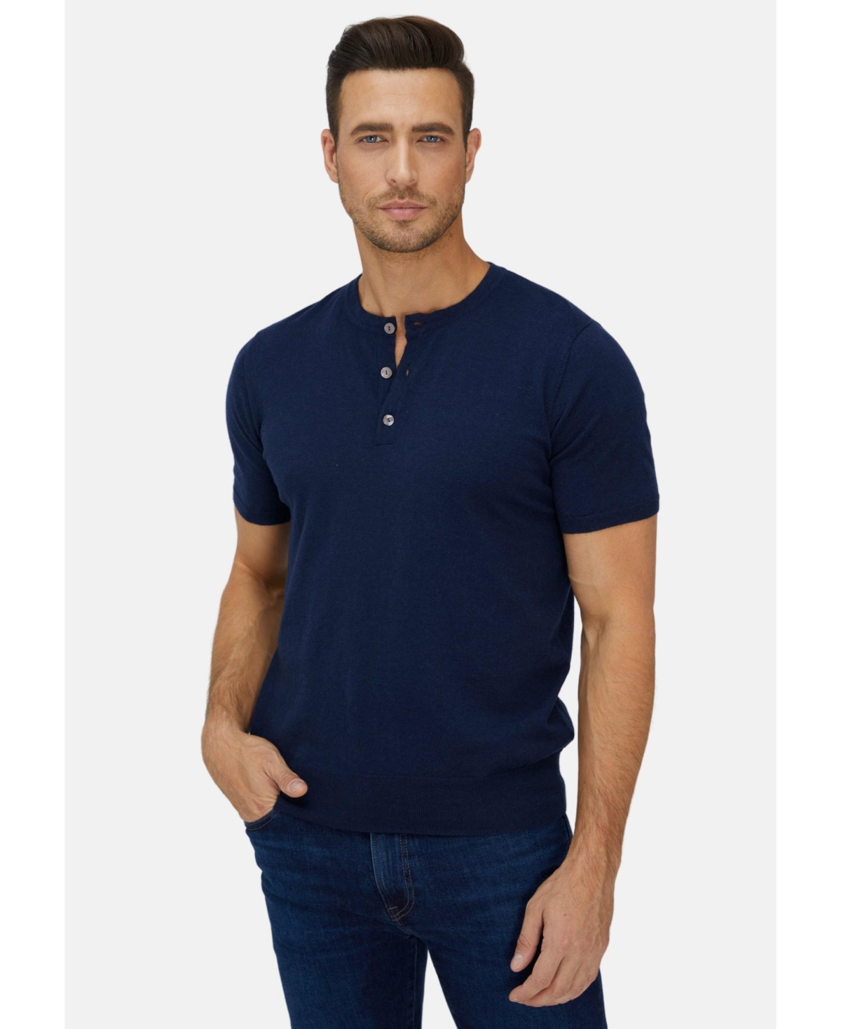 Bellemere Men's ShortTrim Fit Cotton Cashmere Henley T-Shirt - Beige
