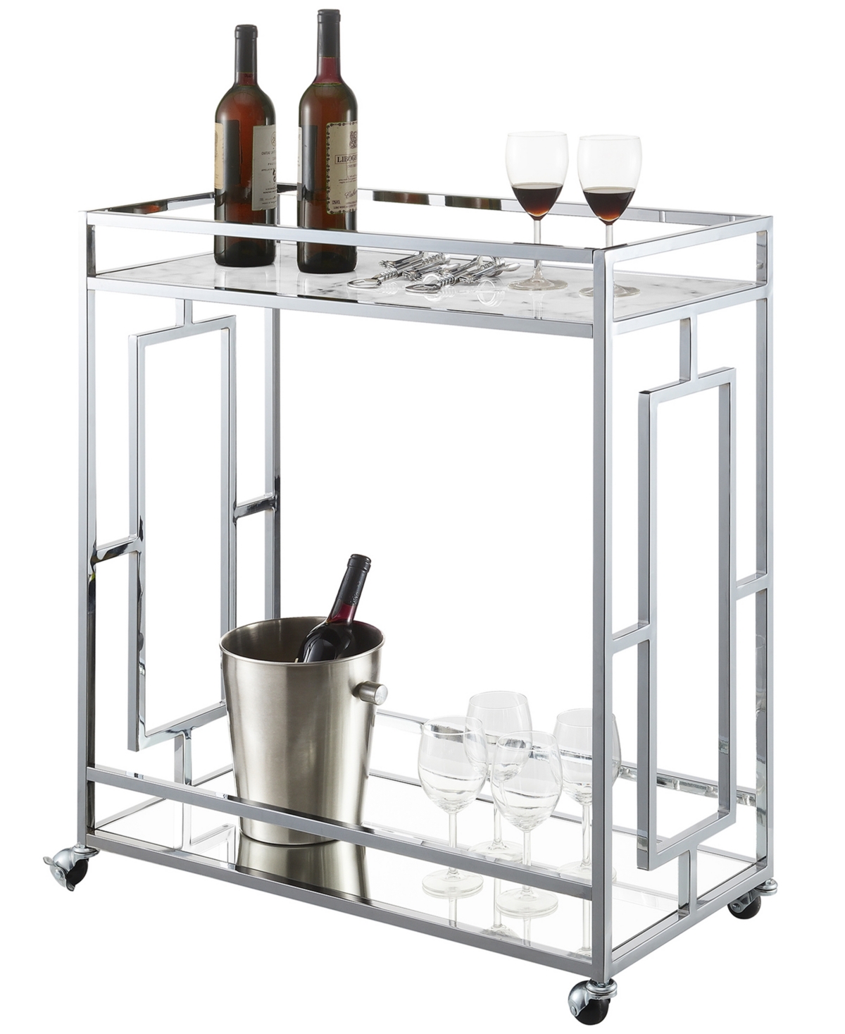 Convenience Concepts 29.25" Chrome Town Square Mirrored Bar Cart In White Marble,mirror,chrome