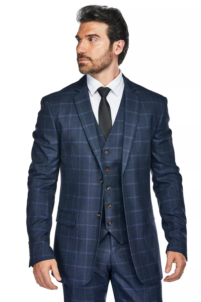 Men's 3-Piece Windowpane Plaid Slim Fit Suit - thumbnail 7