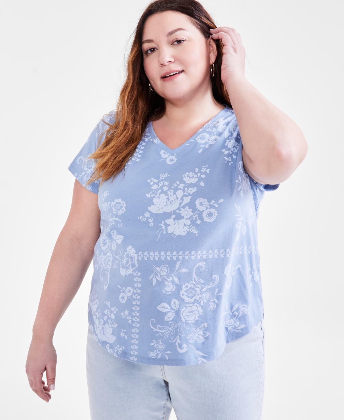 Style & Co Plus Size Graphic Print T-shirt, Created For Macy's In Scarf Blue Fog