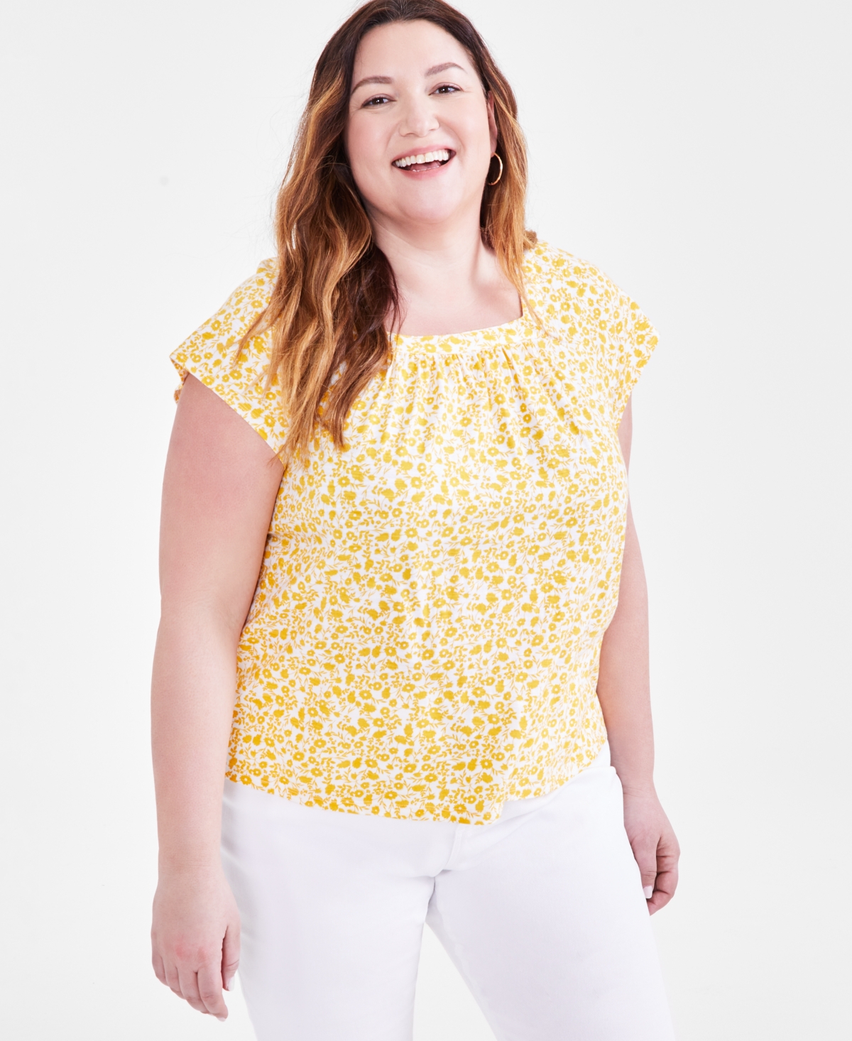 Plus Size Printed Square-Neck Top, Created for Macy's - Garden Corn Yellow