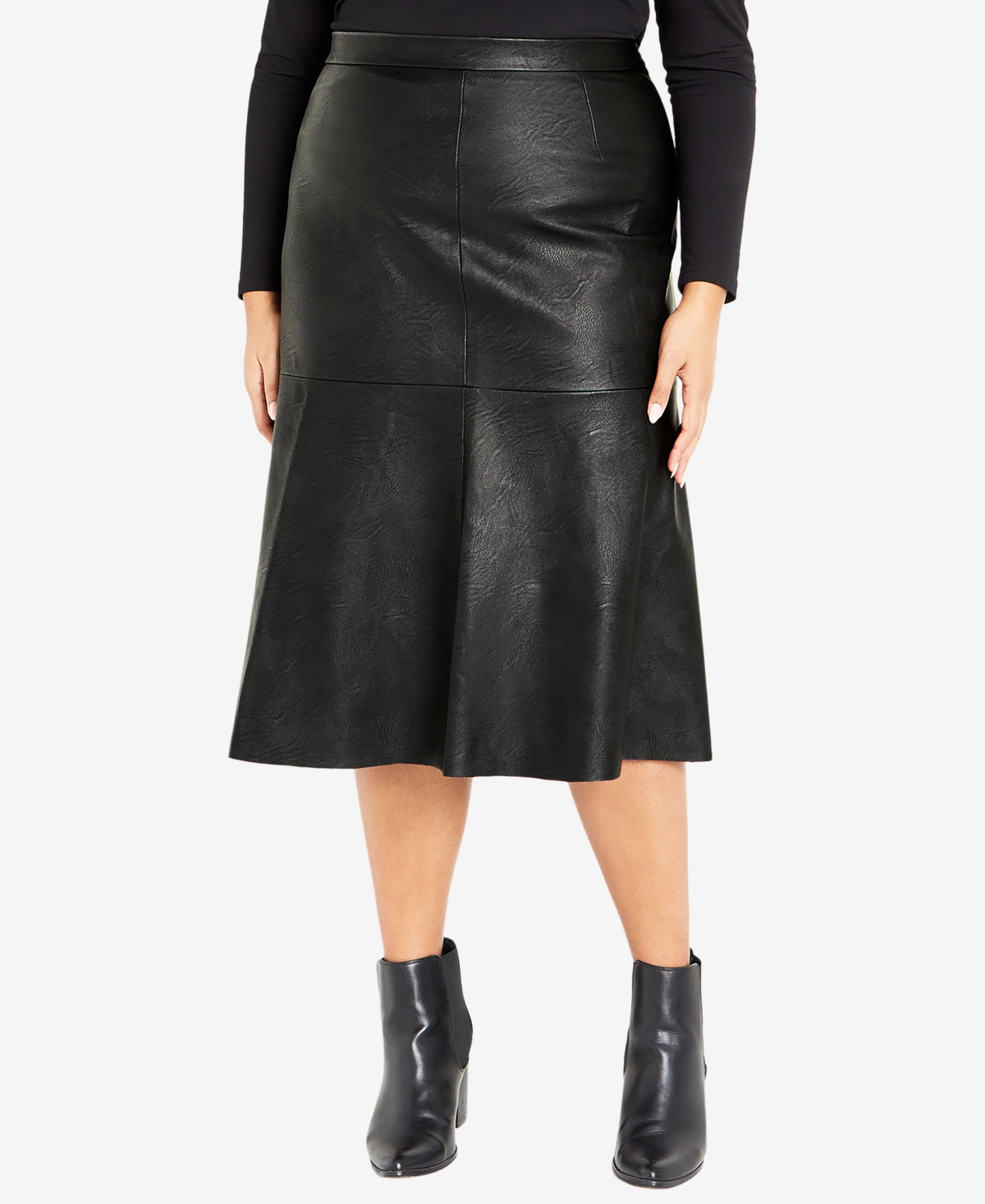 Avenue Plus Size Panel Faux Leather Midi Skirt In Black