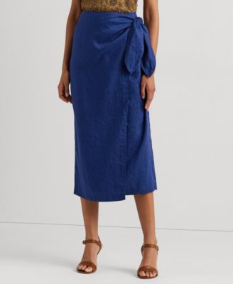 로렌 랄프로렌 Lauren Ralph Lauren Womens Linen Wrap Midi Skirt,Indigo Sail
